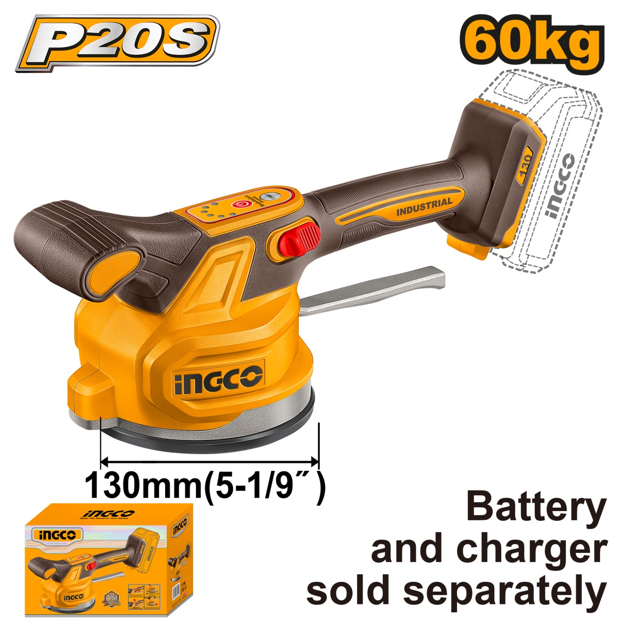 Vibrator cu ventuza pentru placi ceramice 20V, diametru 130mm, 60kg, fara acumulator INGCO CTVLI2001