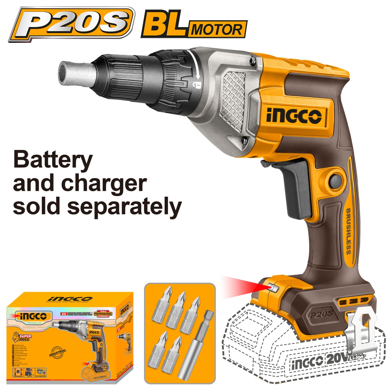 Bormasina 20V 1/4" pentru rigips, motor fara perii, 4200rpm, fara acumulator INGCO CDSLI20428