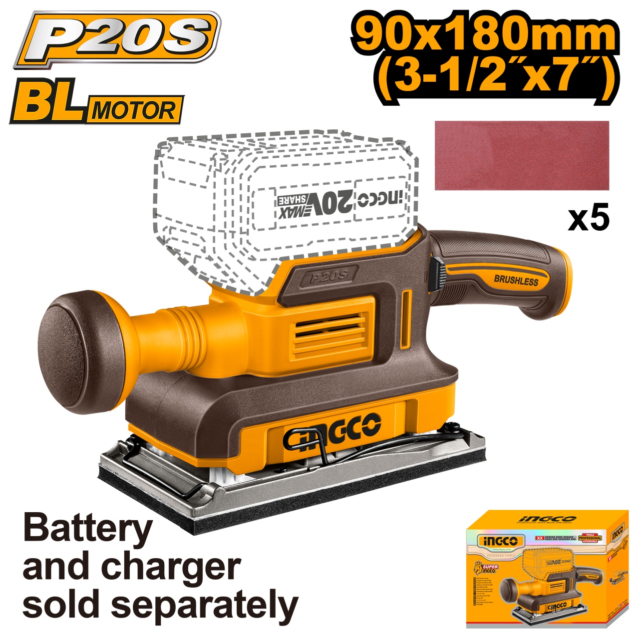 Slefuitor orbital 20V, 90x180mm, 13000rpm, motor brushless, fara acumulator, INGCO CFSLI2031