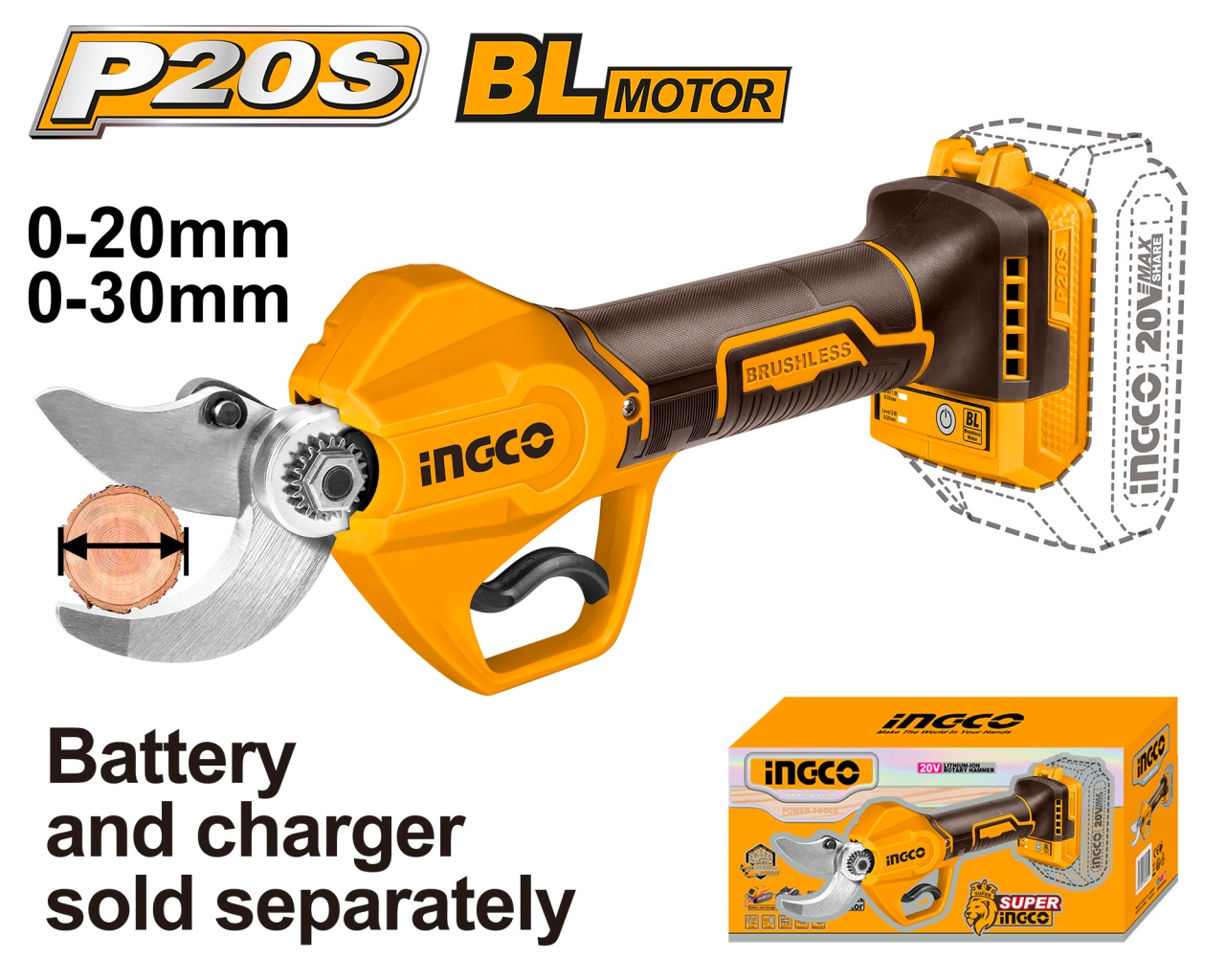 Foarfeca electrica 20V, diametru taiere 20/30mm, motor brushless, fara acumulator, INGCO CSSLI20308
