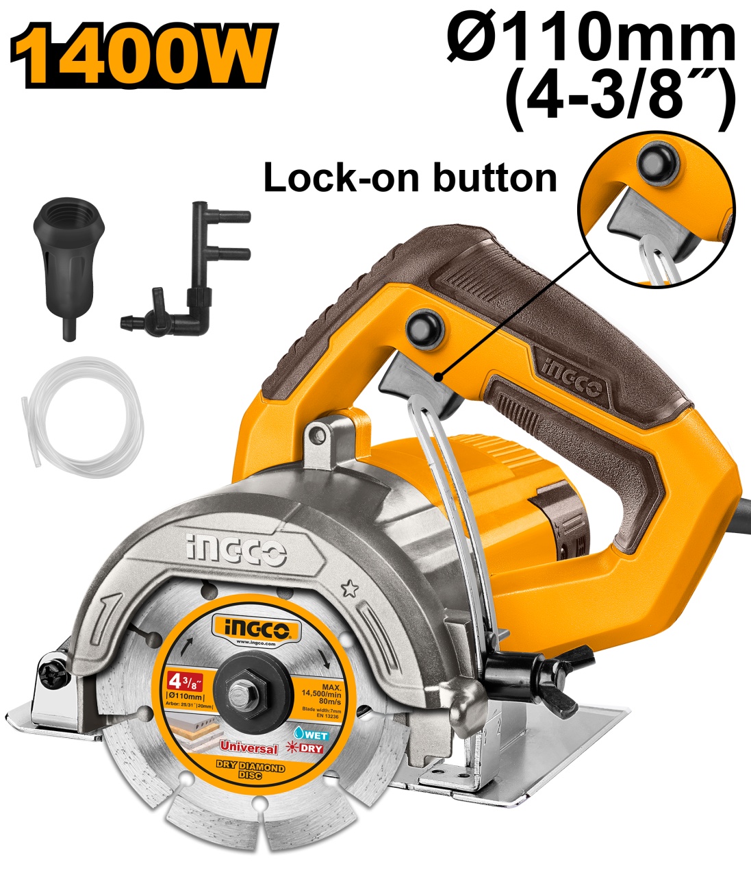 Circular pentru ceramica 1400W, disc diamantat 110mm, 13000rpm, adancime reglabila, INGCO MC140068