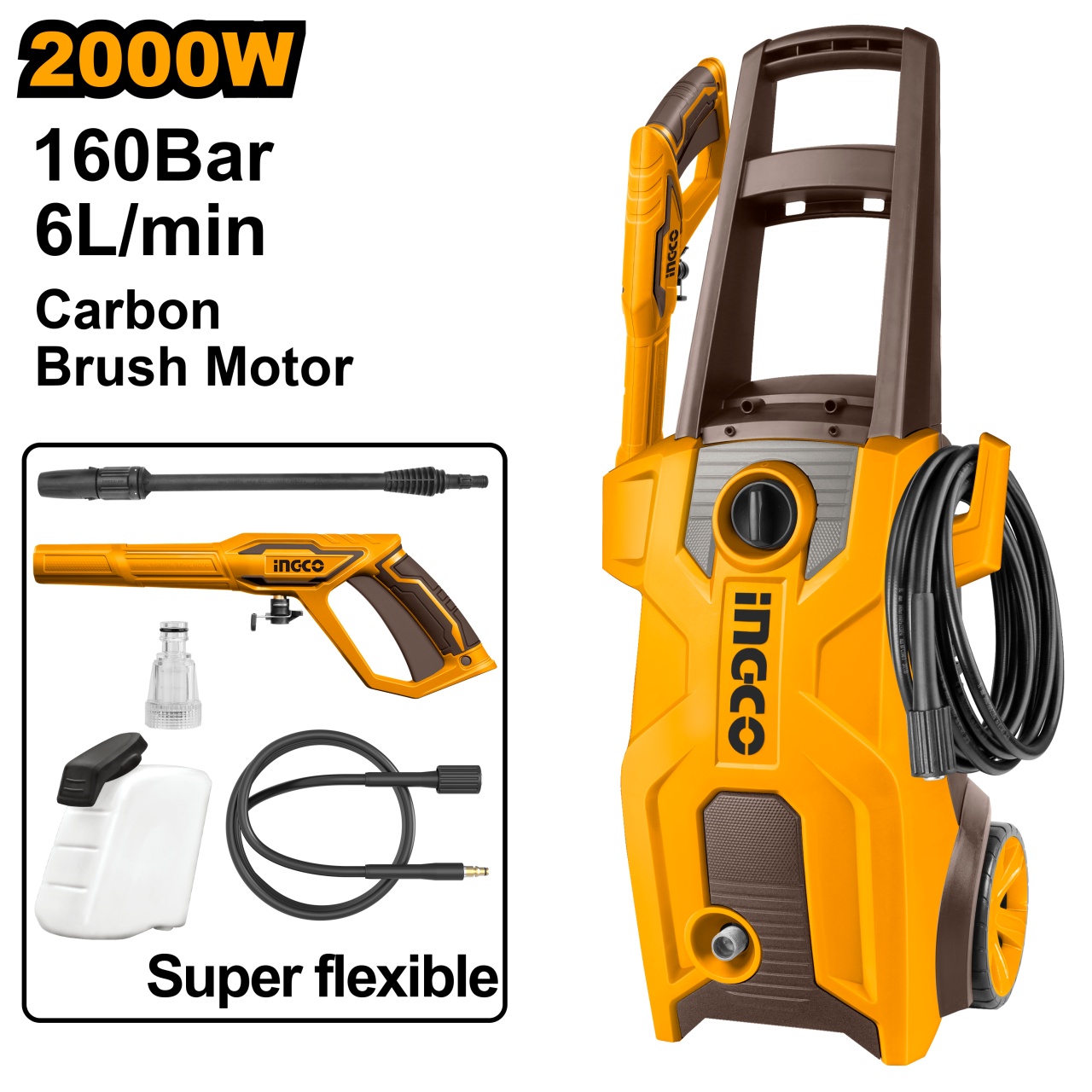 Aparat de spalat cu presiune 2000W, 160 bar, 6L/min, motor cu perii, INGCO HPWR20018