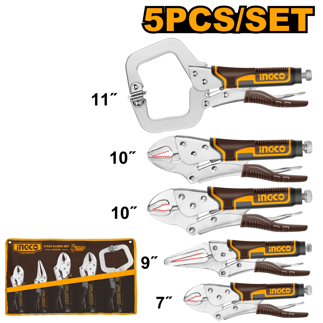 Set cleste autoblocaj 5 buc, falci curbate/drepte, C-clamp, INGCO COS23091