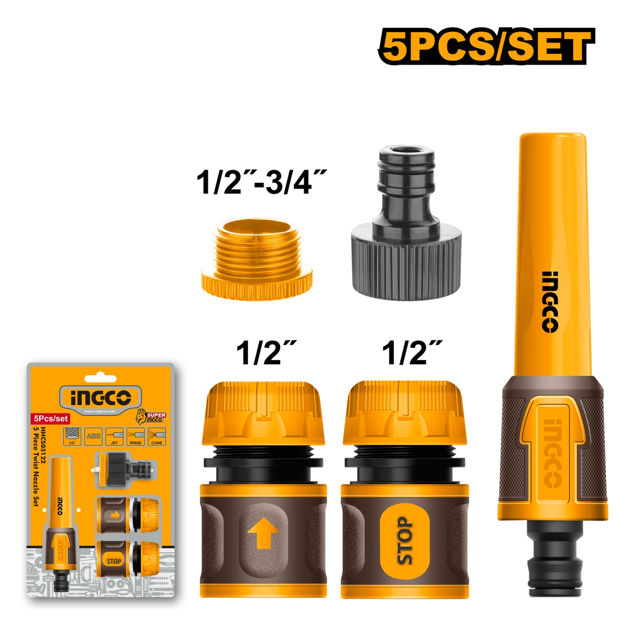 Accesorii furtun stropit 1/2" cu adaptor 3/4", set 5 piese, INGCO HHCS05122