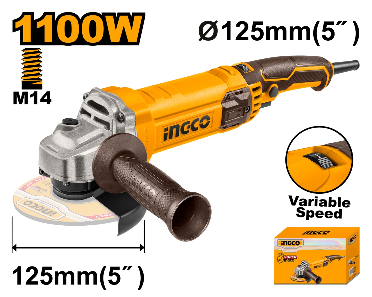 Flex Unghiular 125mm cu Turatie Variabila 1100W INGCO – AG1100385E – Putere Reglabila si Precizie Profesionala