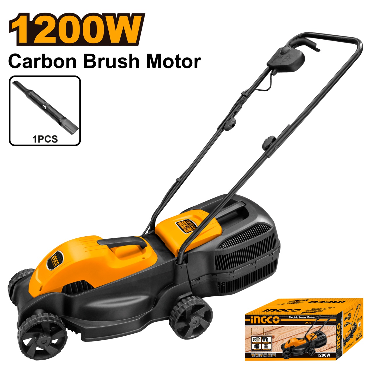 Masina Tuns Iarba 1200W INGCO – LM321, 220–240V, 3300 rpm, latime taiere 320 mm, 3 trepte inaltime, cos colector 28L, perii carb