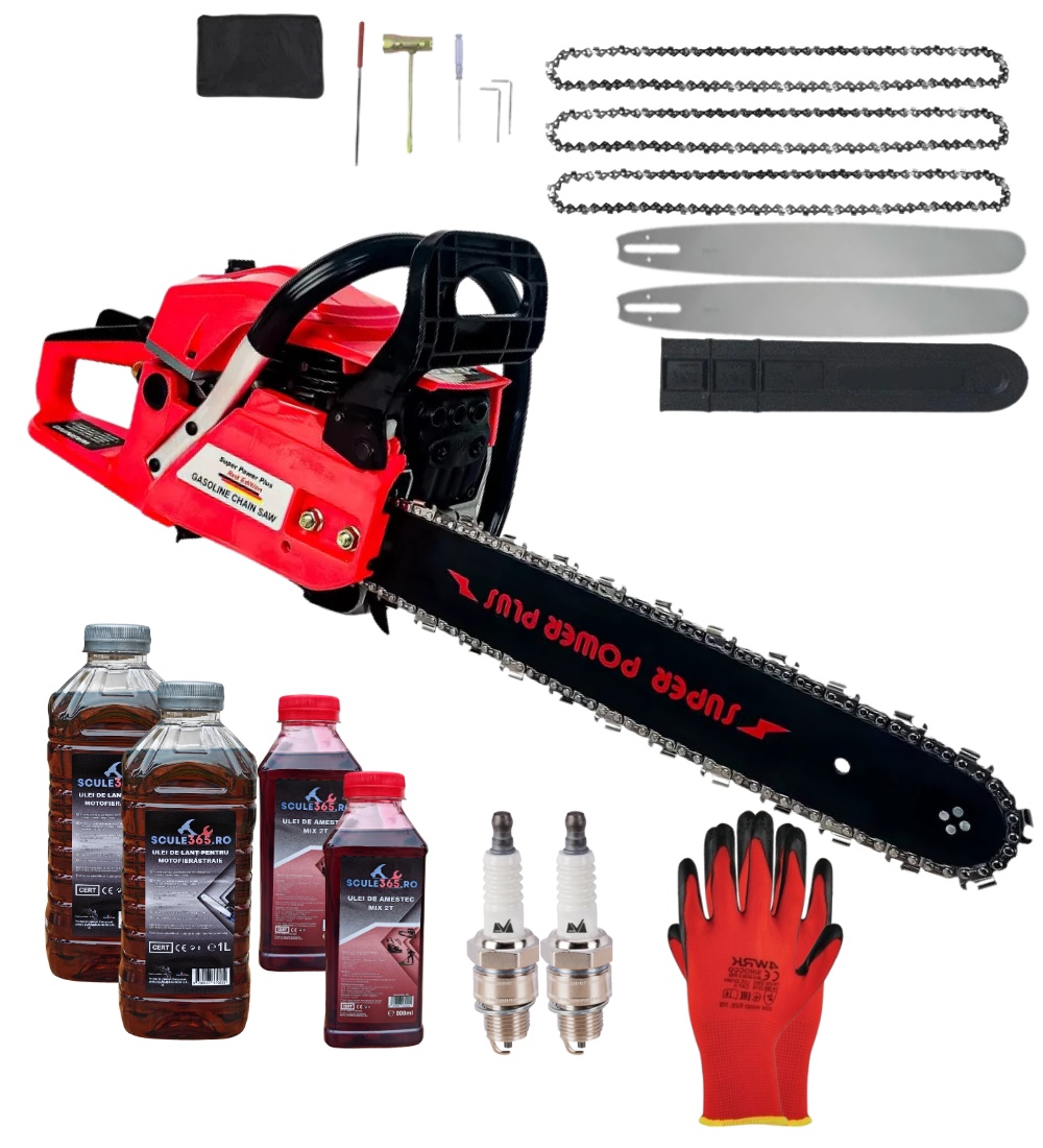 *PACHET* 8.8cp 58cmc Drujba benzina + 3 lanturi + 2 lame + x2 ulei ungere lant 1L + x2 ulei amestec 0.5L + x2 bujii + accesorii 