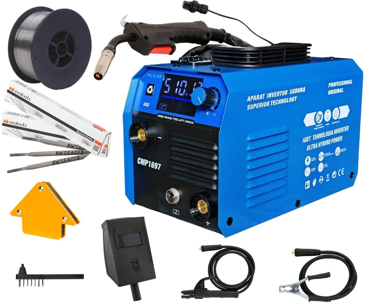 *SUPER PACHET* Aparat de sudura tip Invertor cu sarma 495A, + x2 pachet electrozi 1kg, x1 sarma sudura 1kg, magnet sudura, MMA/M