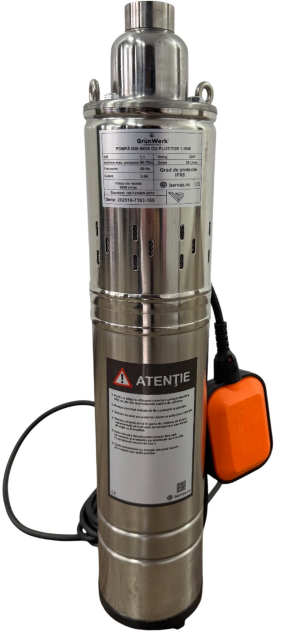 Pompa Inox cu Snec Submersibila cu Plutitor Automat GW GW7183, Putere 1.1KW (1100W), Cablu 9.5m, Inaltime 52cm, Latime 10cm, Cir