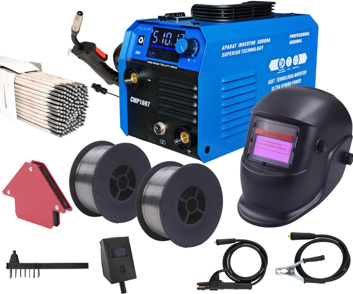 *PACHET* Aparat de sudura tip Invertor cu sarma 495A, + 2.5KG ELECTROZI, x2 sarma sudura 1kg, magnet sudura, masca sudura automa