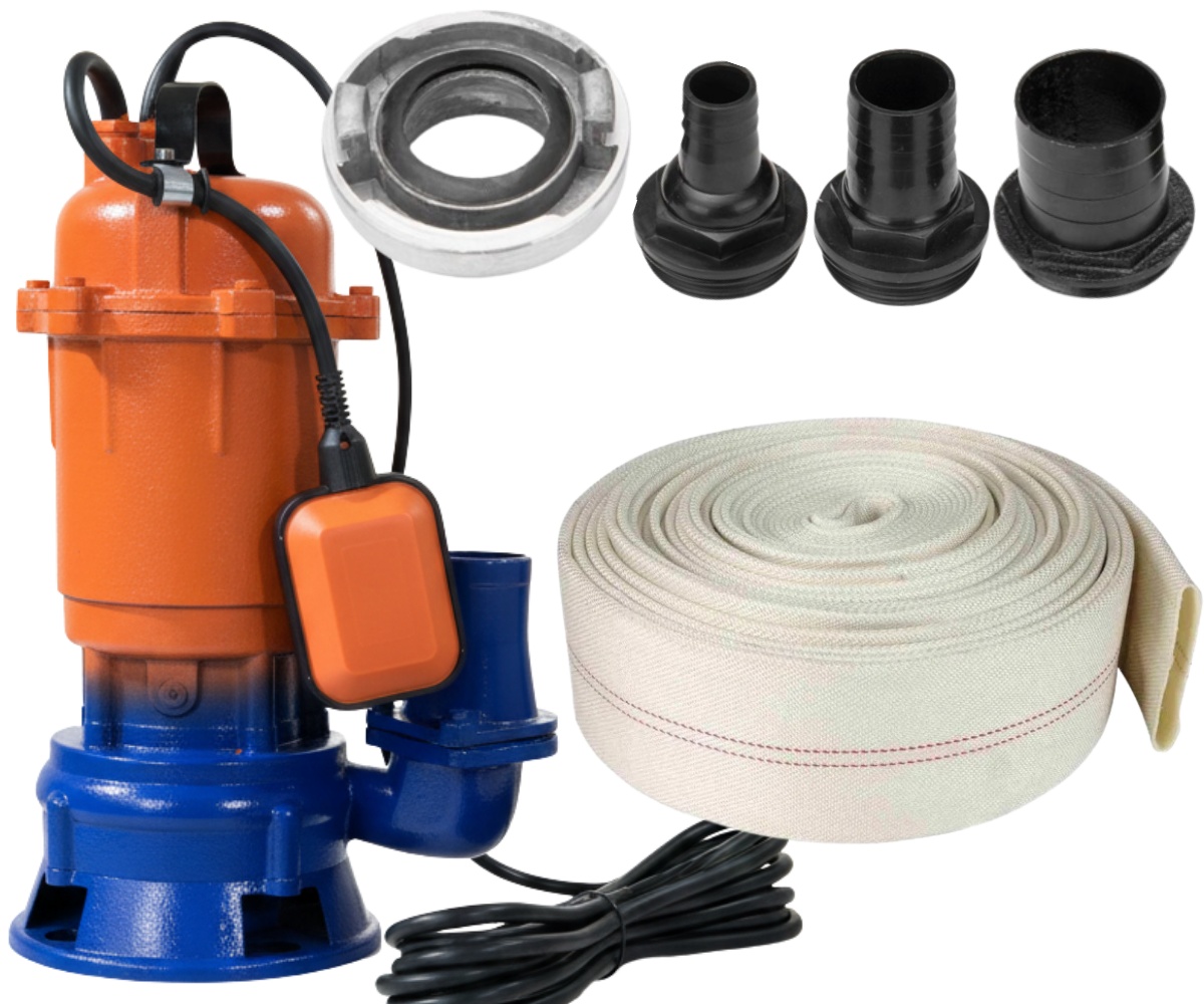 *PACHET* Pompa apa 3000W submersibila cu tocator, 25.000 l/h, 2900rpm, plutitor, racord 2'' toli, + 3 conectori apa si FURTUN PO
