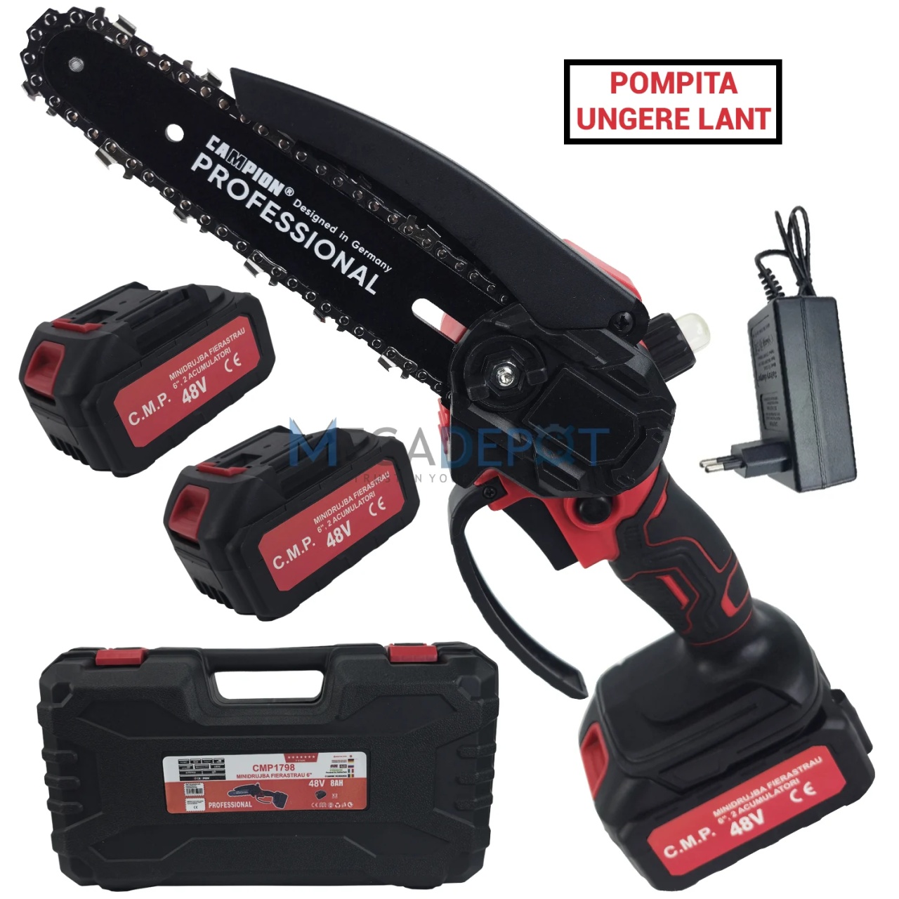 Mini Drujba electrica cu 2 acumulatori 48V, 180cm, ungere lant, valiza transport, Campion CMP1798