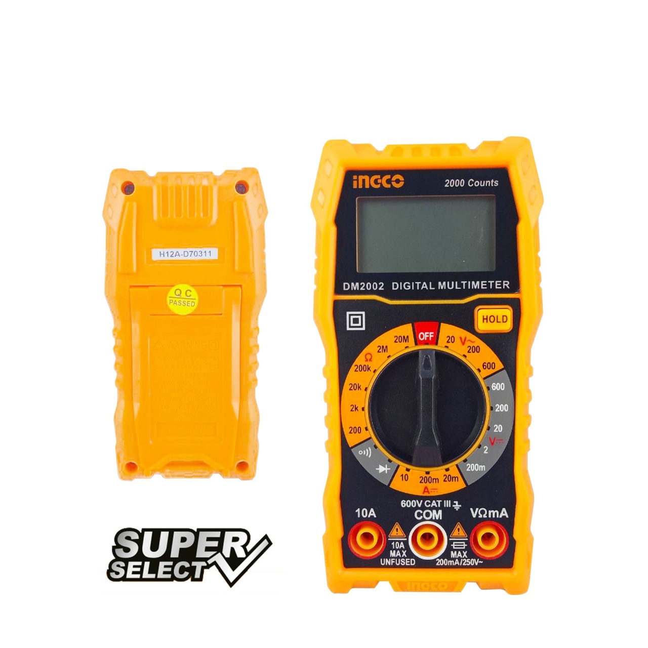 Multimetru digital INGCO DM2002 SuperSelect 200 DC 600V AC 600V 10A rezistenta 20M ohm afisaj LCD carcasa antisoc gama semiprofe