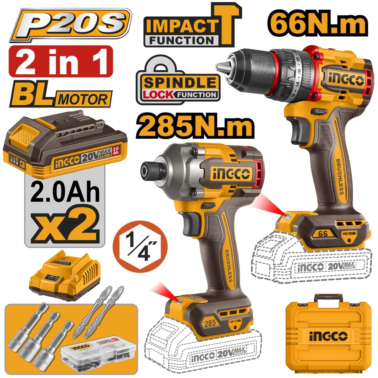 Bormasina cu Impact 20V 66Nm + Filetanta cu Impact 1/4" 20V 285Nm, Motoare Brushless, 2 Acumulatori 2.0Ah, Incarcator, 47 Acceso