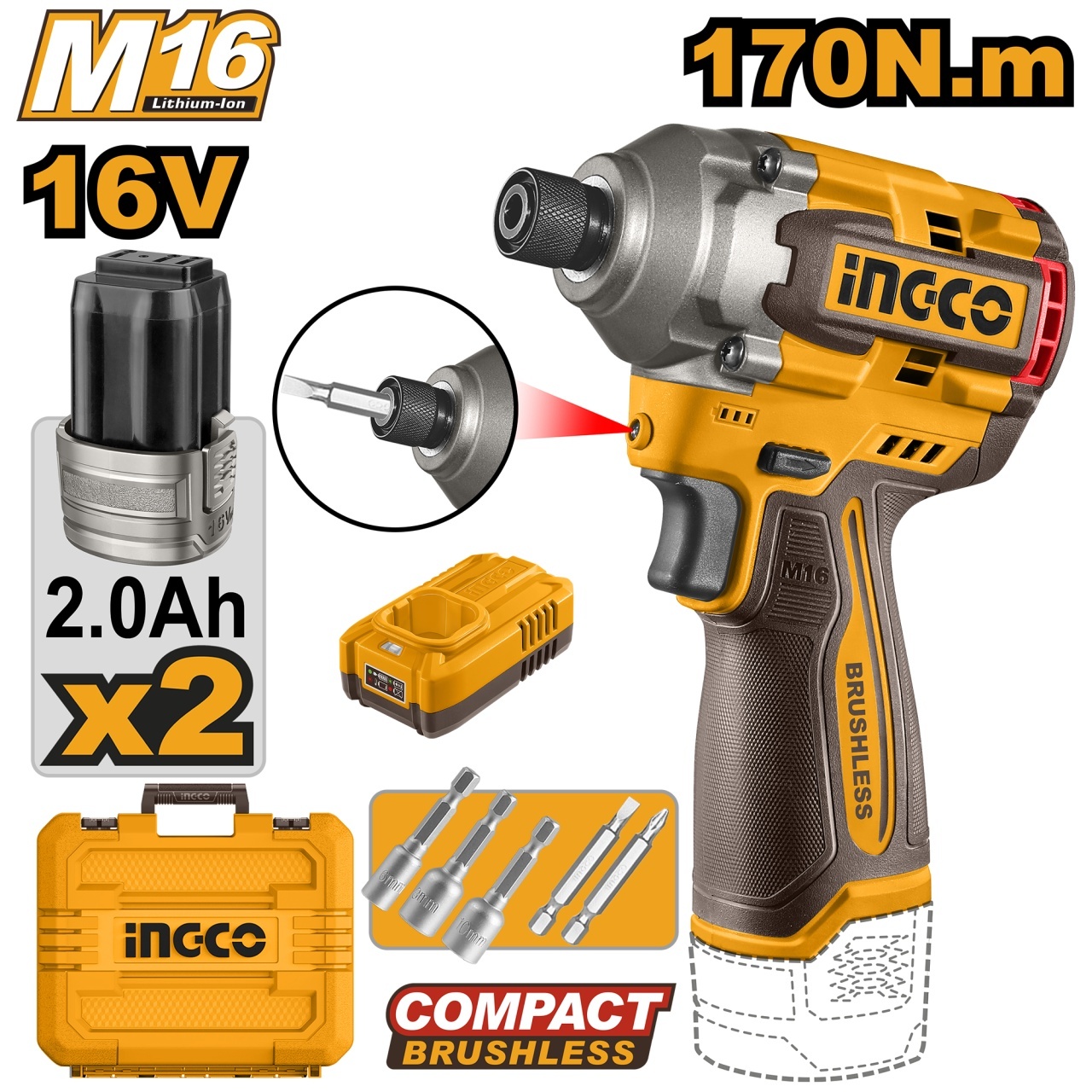 Bormasina cu Impact 16V 170Nm Brushless 0-2700 rpm 0-3500 bpm Prindere Hex 6.35mm LED CIRLI16178 cu 2 Acumulatori 2Ah si Incarca