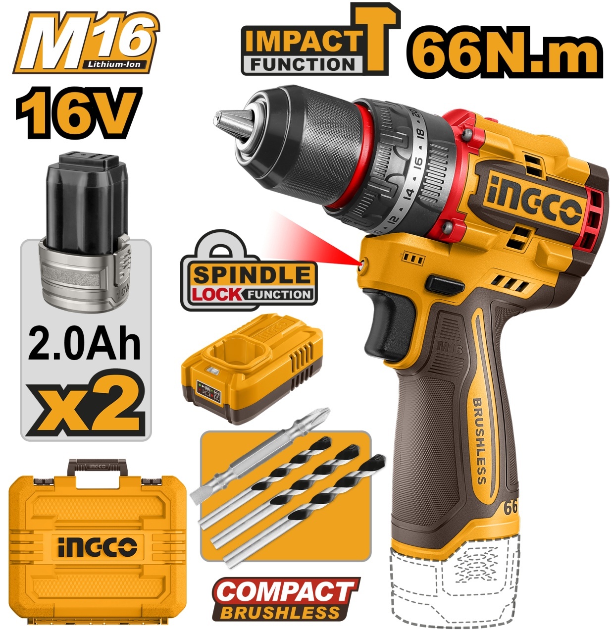 Bormasina cu Impact 16V 66Nm Brushless 2 Viteze 0-500/0-2000 rpm Mandrina Metalica 13mm 30000 bpm 22+1+1 Trepte Cuplu CIDLI16606