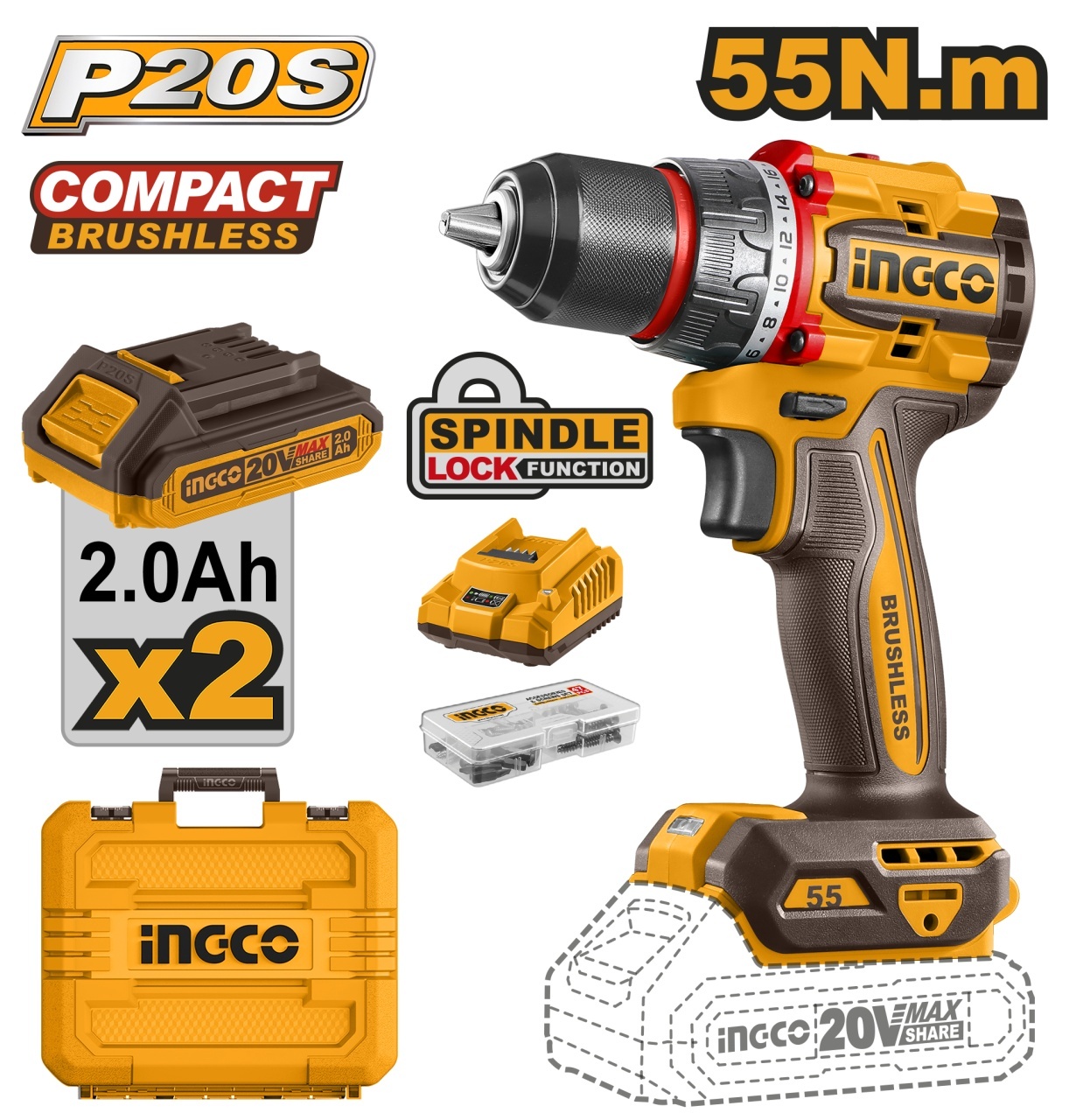 Masina de Gaurit si Insurubat 20V INGCO CDLI20558E, 55Nm, brushless, 2 viteze 0-500/2000 rpm, mandrina metalica 13 mm, 2 acumula