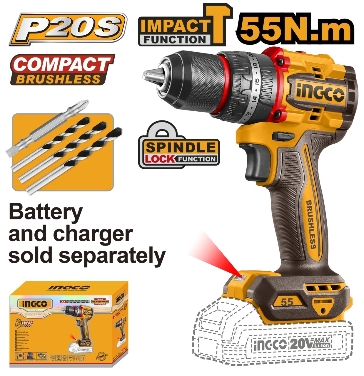 Masina de Gaurit si Insurubat cu Impact 20V INGCO CIDLI205581, 55Nm, brushless, 2 viteze 0-500/2000 rpm, 30000 bpm, mandrina met