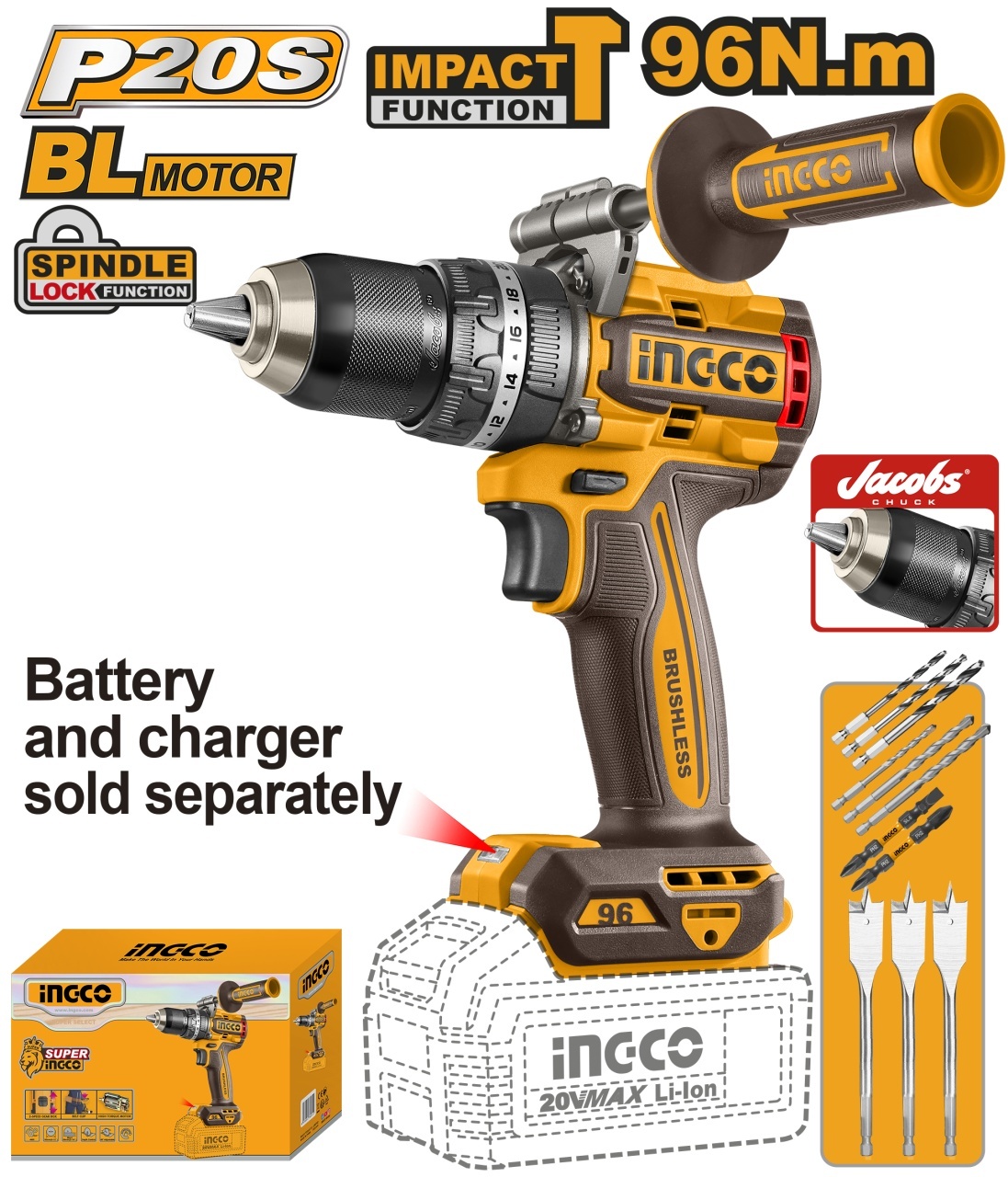 Masina de Gaurit si Insurubat cu Impact 20V INGCO CIDLI209685, 96Nm, brushless, 2 viteze 0-550/2100 rpm, 31500 bpm, mandrina met