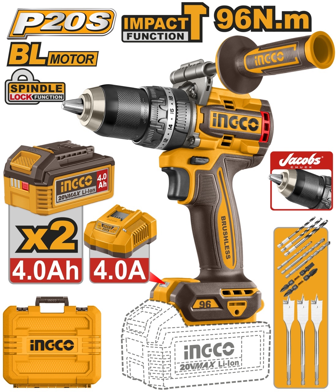 Masina de Gaurit si Insurubat cu Impact 20V INGCO CIDLI209686E, 96Nm, brushless, 2 viteze 0-550/2100 rpm, 30000 bpm, mandrina me