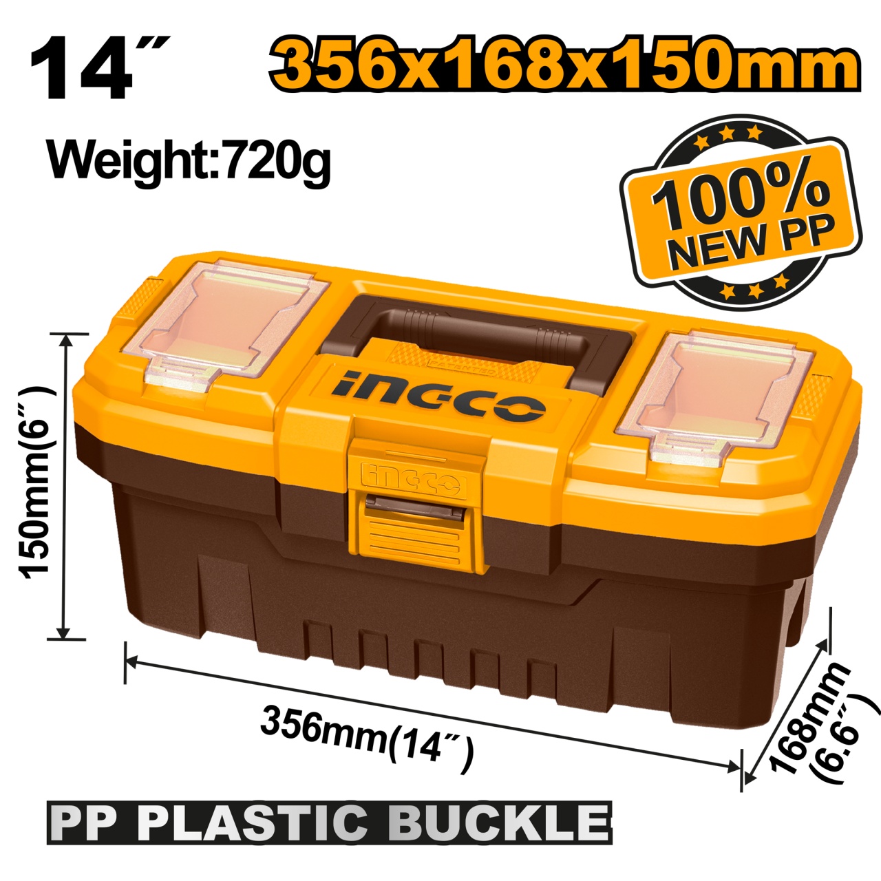 Cutie Depozitare Scule 14" 356x168x150mm Plastic PP INGCO PBX1401, capacitate 10kg, tava interioara, compartimente superioare, m