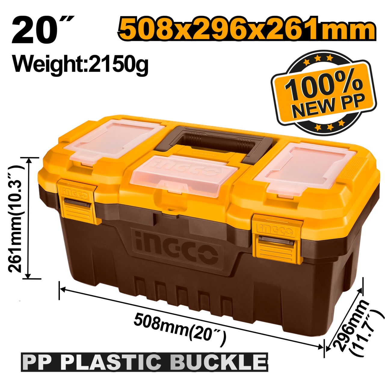 Cutie Depozitare Scule 20" 508x296x261mm Plastic PP INGCO PBX2001, capacitate 20kg, tava interioara, compartimente superioare, m