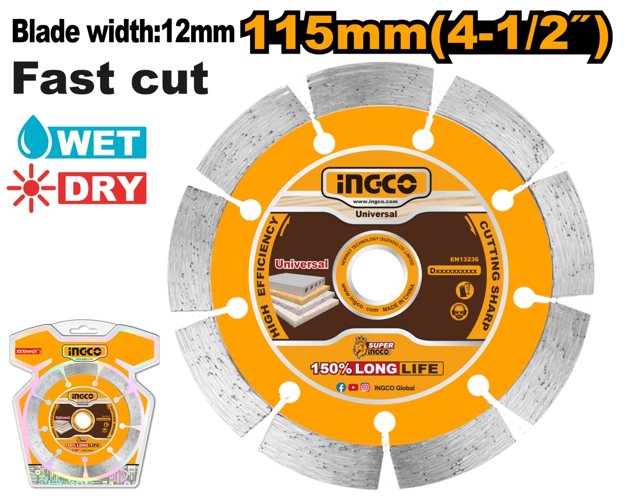 Disc Diamantat Segmentat 180x22.2mm 12mm INGCO DMD0118013, pentru beton, caramida, granit si marmura, taiere uscata si umeda