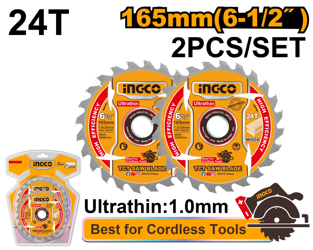Set 2 Discuri Widia Lemn 165mm Ultra Subtire 1.0mm 24T INGCO TSB1653, alezaj 20mm cu inel reductie 16mm, pentru fierastrau circu