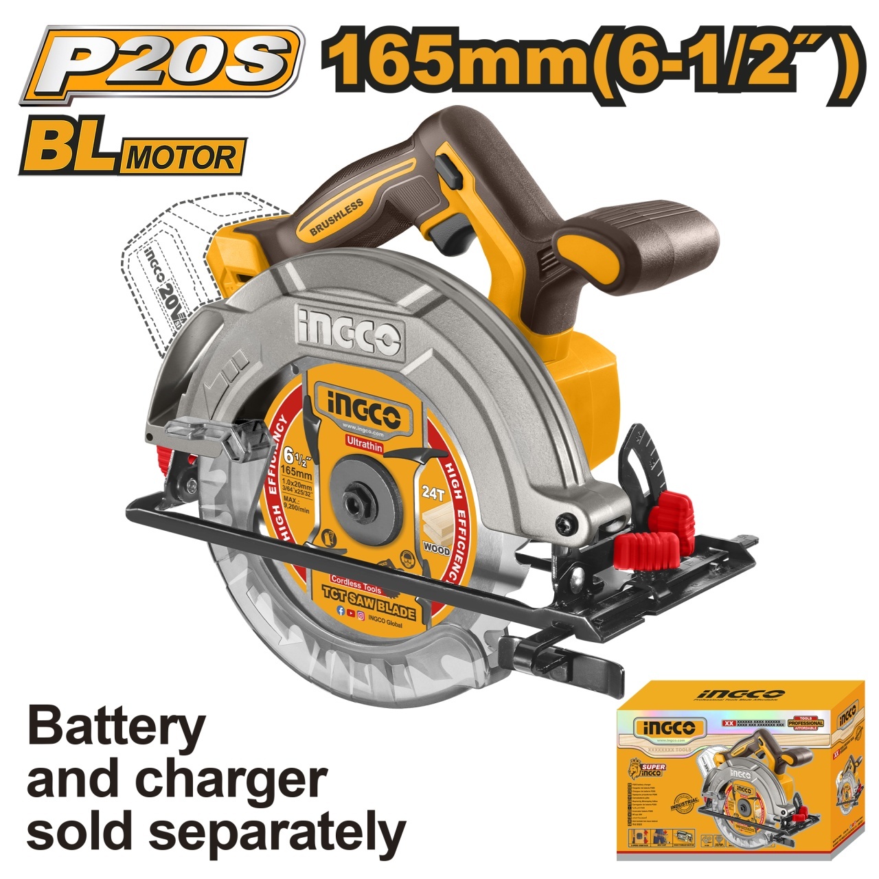 Fierastrau Circular Profesional 20V 165mm Brushless INGCO CSLI1652, 5200 rpm, taiere 55mm la 90°, 42mm la 45°, reglaj adancime s