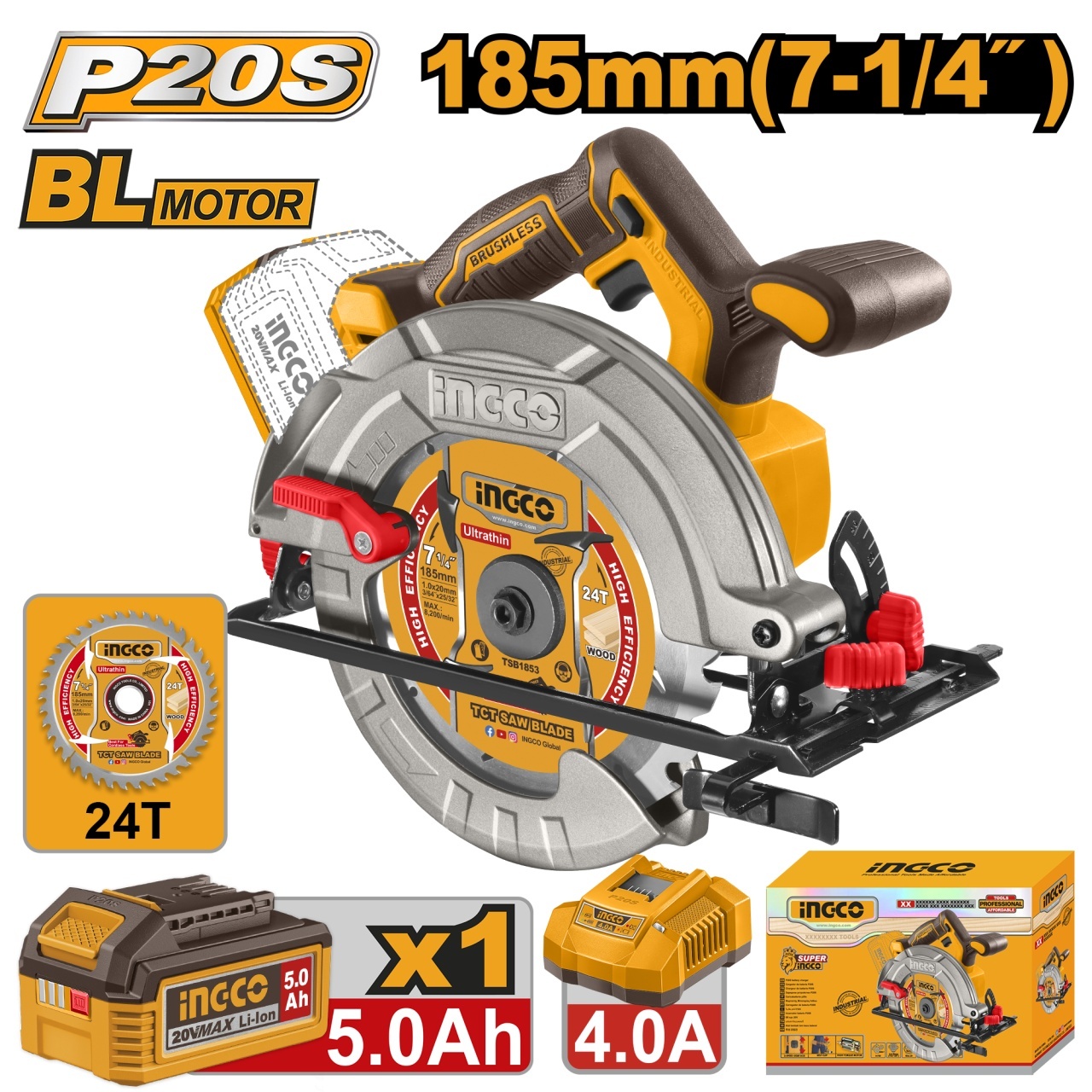 Fierastrau Circular Profesional 20V 185mm Brushless INGCO CSLI18513E, 4800 rpm, taiere 65mm la 90°, 45mm la 45°, ax 20mm, 1 acum