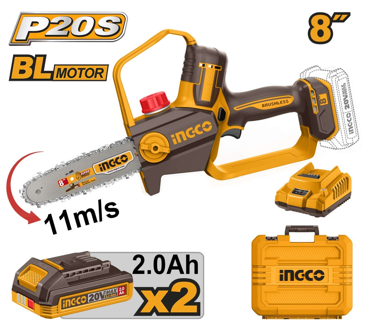 Fierastrau Electric de Mana 20V 20cm (8") Brushless INGCO CGSLI20882E, viteza lant 11 m/s, ungere automata, 2 acumulatori 2Ah + 