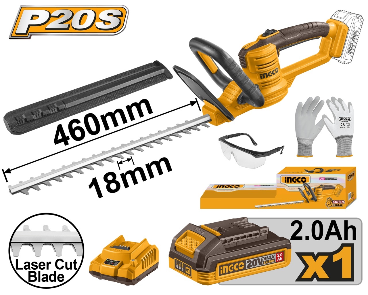 Fierastrau Electric pentru Gard Viu 20V 460mm INGCO CHTLI20461E, 2800 spm, lama taiata laser, capacitate taiere 18mm, 1 acumulat