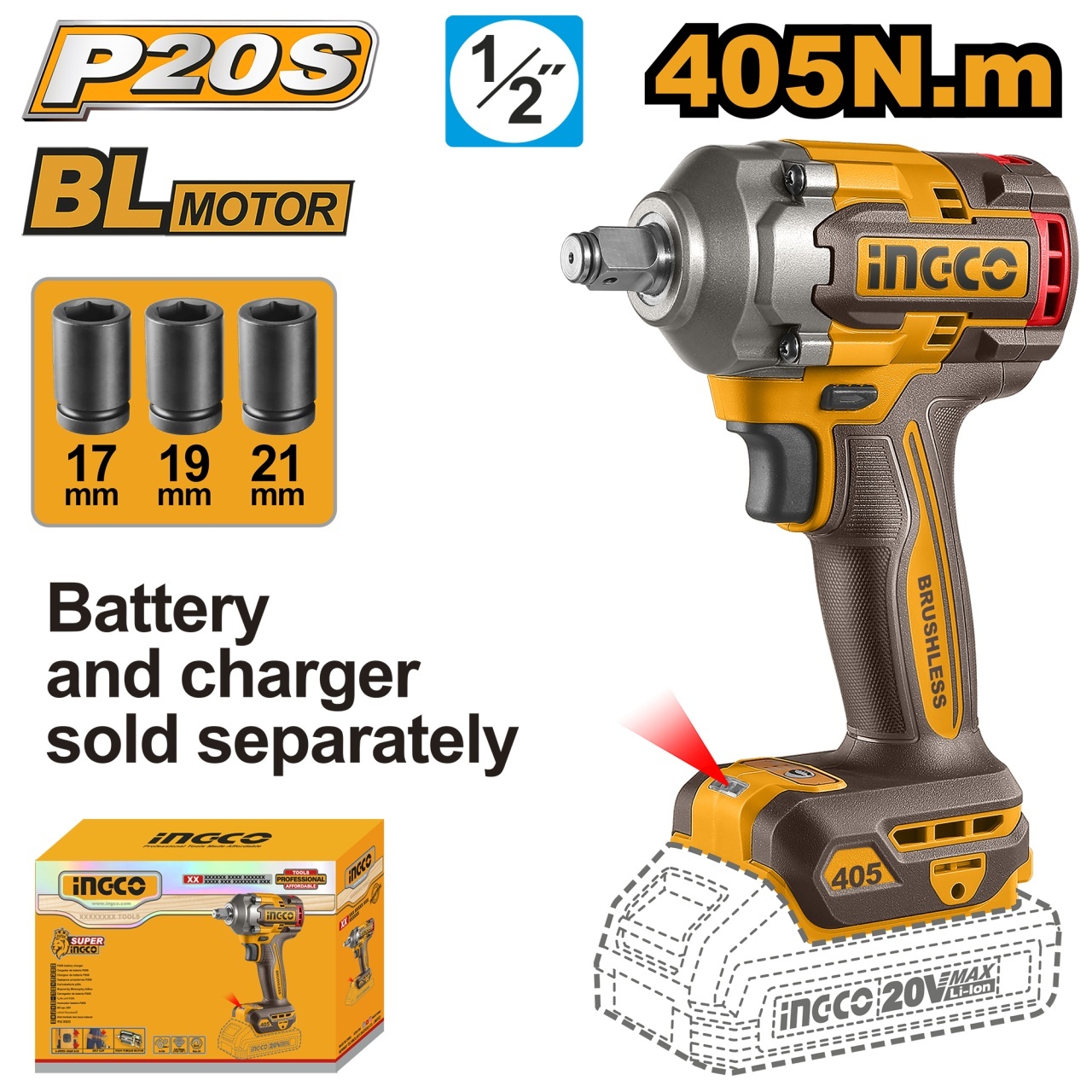 Masina de Insurubat cu Impact Profesionala 20V 405Nm Brushless INGCO CIWLI20451, 0-2400 rpm, 0-3000 bpm, prindere 1/2", cuplu de