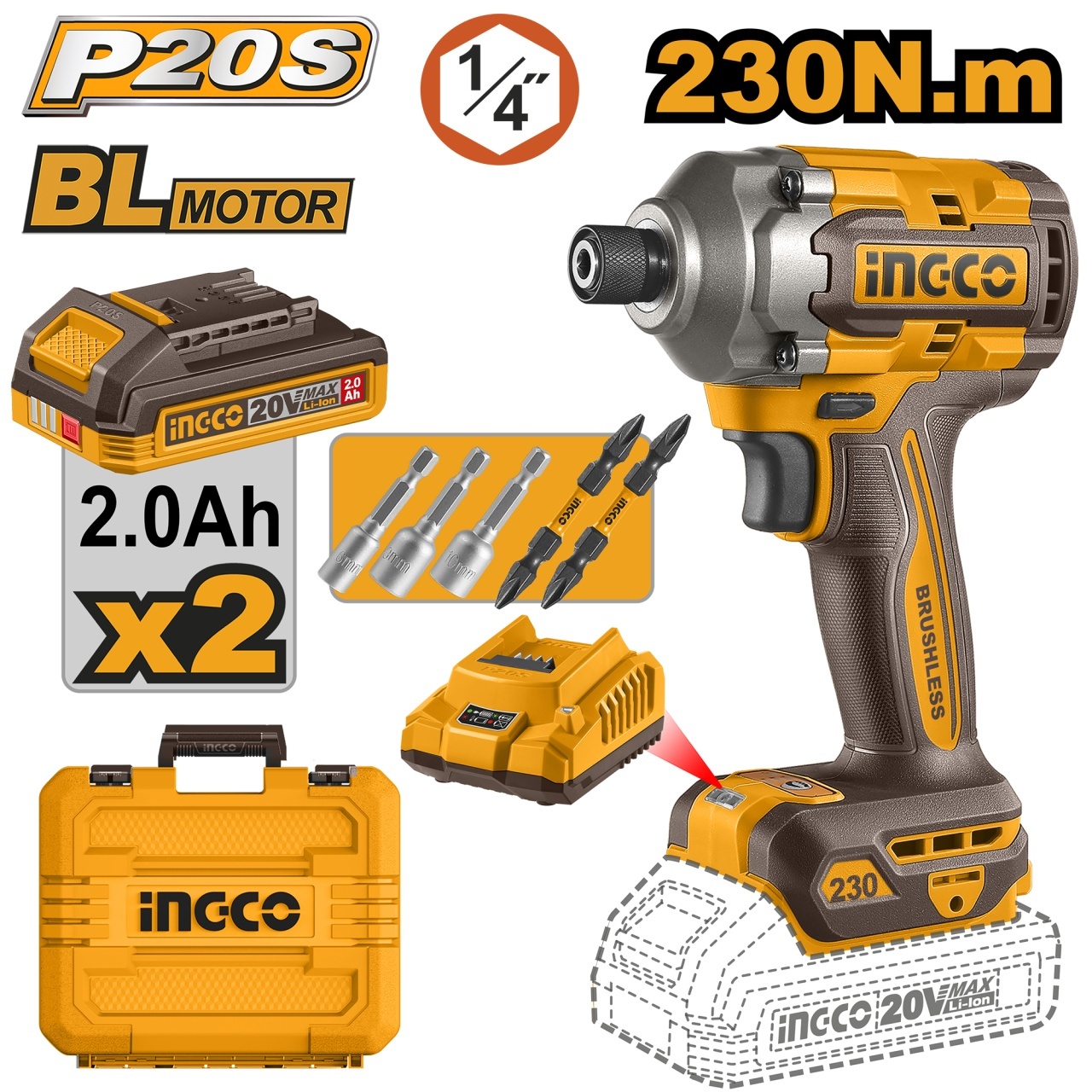 Filetanta cu Impact Profesionala 20V 230Nm Brushless INGCO CIRLI2023E, 0-2600 rpm, 0-2900 bpm, prindere 1/4", 2 acumulatori 2Ah 