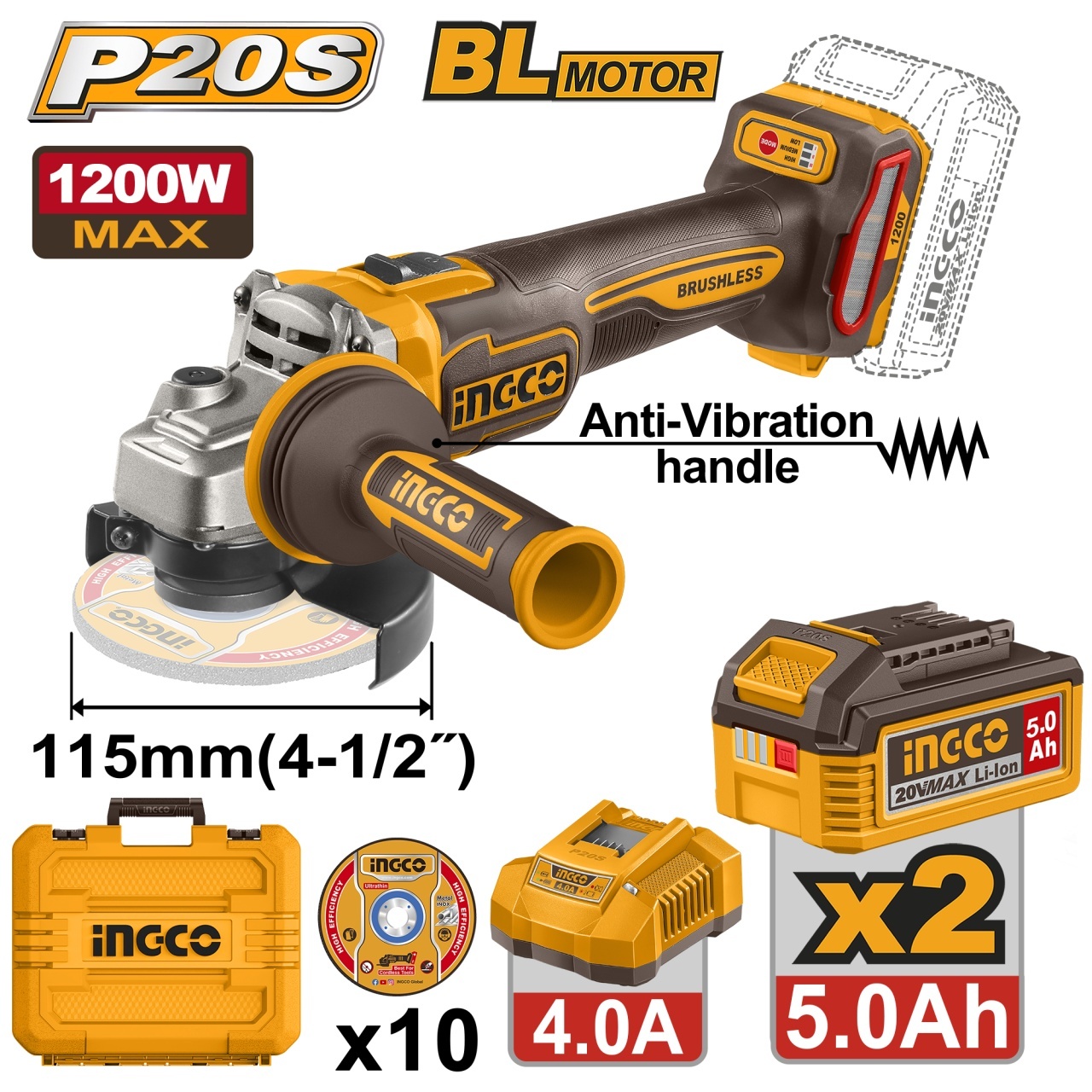 Flex Unghiular Industrial 20V 115mm 1200W Brushless INGCO CAGLI2120252E, 3000/6000/9000 rpm, filet M14, maner anti-vibratii, 2 a