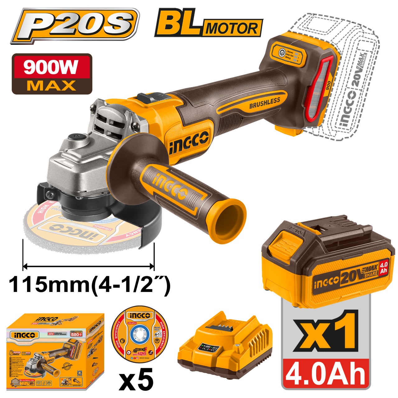 Flex Unghiular Profesional 20V 115mm 900W Brushless INGCO CAGLI261521E, 3000/6000/9000 rpm, filet M14, 1 acumulator 4Ah + incarc