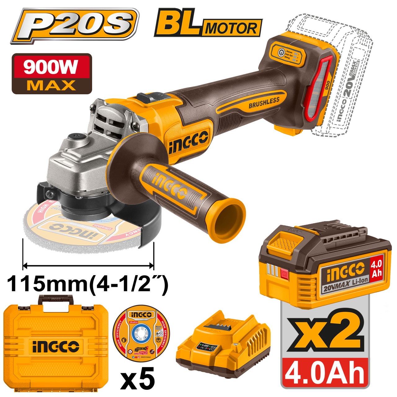 Flex Unghiular Profesional 20V 115mm 900W Brushless INGCO CAGLI261522E, 3000/6000/9000 rpm, filet M14, 2 acumulatori 4Ah + incar