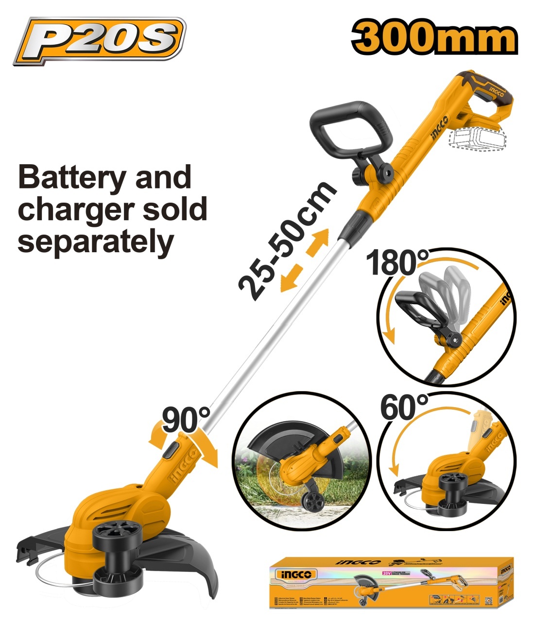 Motocoasa Electrica 20V INGCO CGTLI20328, 8200 rpm, diametru taiere 300 mm, fir 1.6 mm, functie edging, fara acumulator si incar