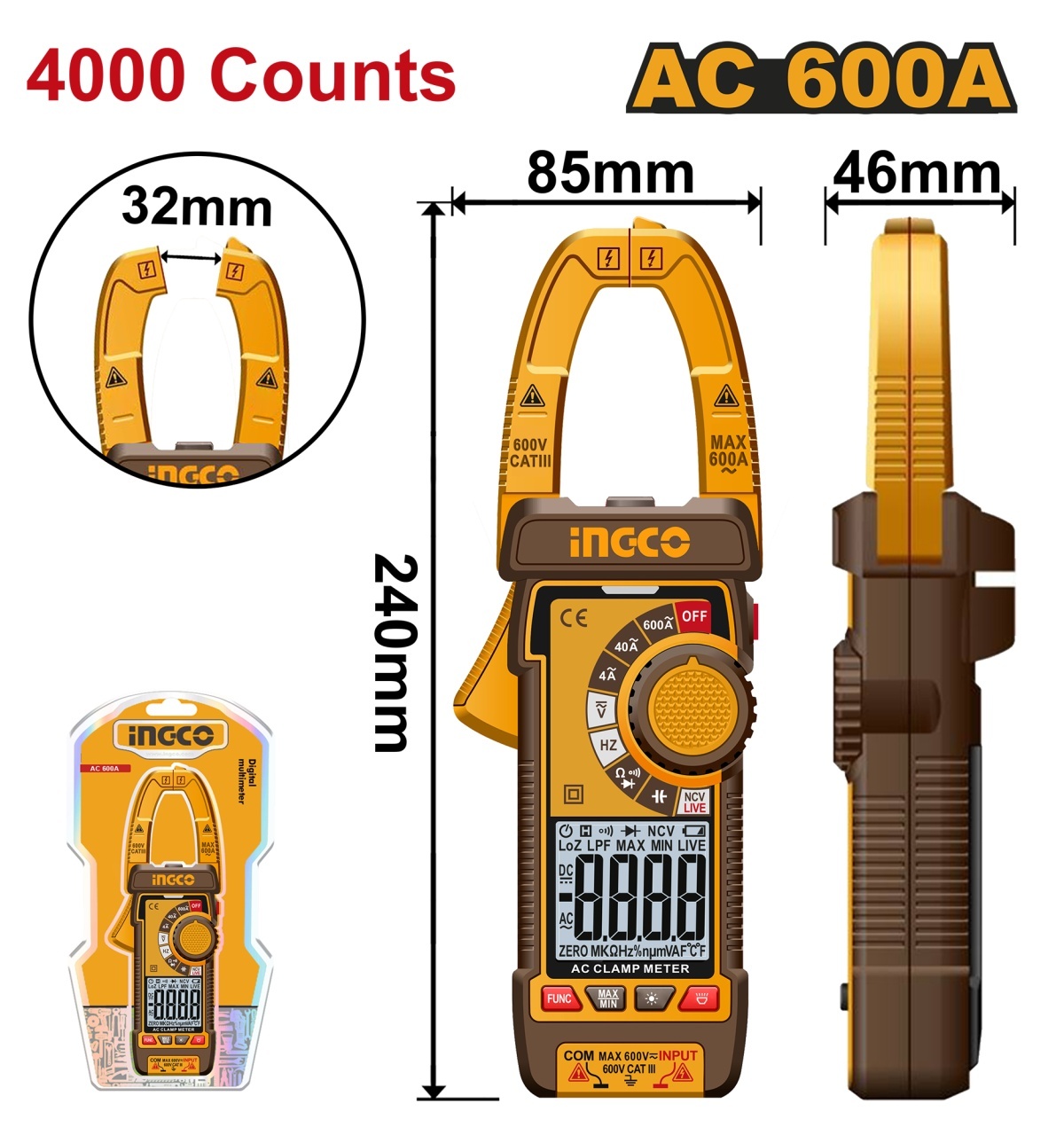 Clampmetru Digital Profesional AC 600A INGCO DCM66001, TRMS 4000 counts, 600V, NCV, LowZ, frecventa 4MHz, Data Hold, lanterna