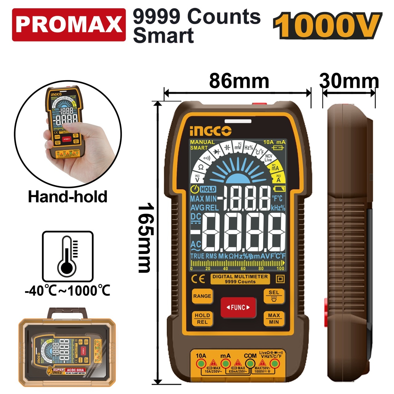 Multimetru Digital Profesional 1000V INGCO DM110004, TRMS 9999 counts, ecran color VA, AC/DC, 10A, temperatura -40°C ~ 1000°C, N
