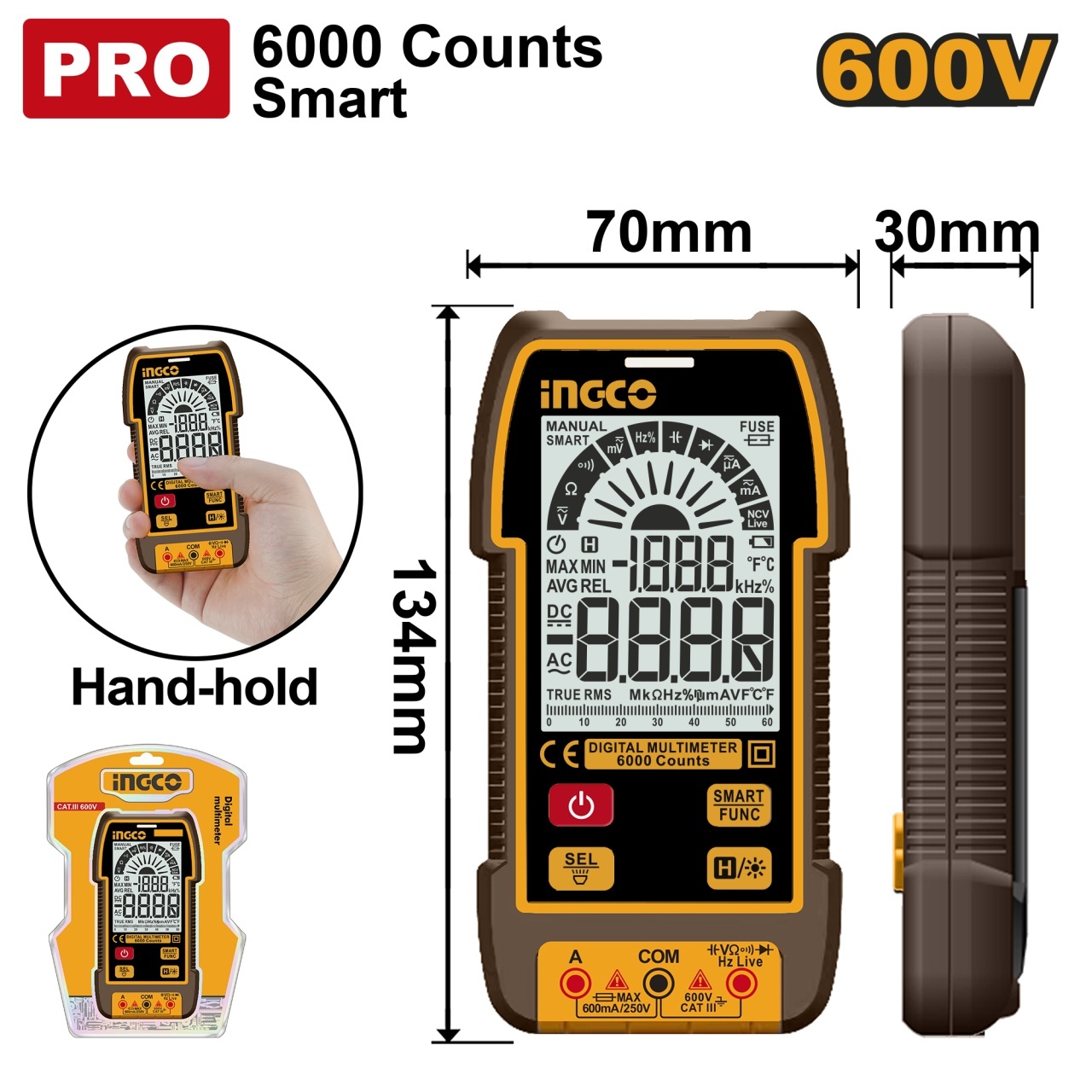 Multimetru Digital Profesional 600V INGCO DM16004, TRMS 6000 counts, AC/DC, NCV, capacitate 60mF, frecventa 10MHz, Data Hold, il
