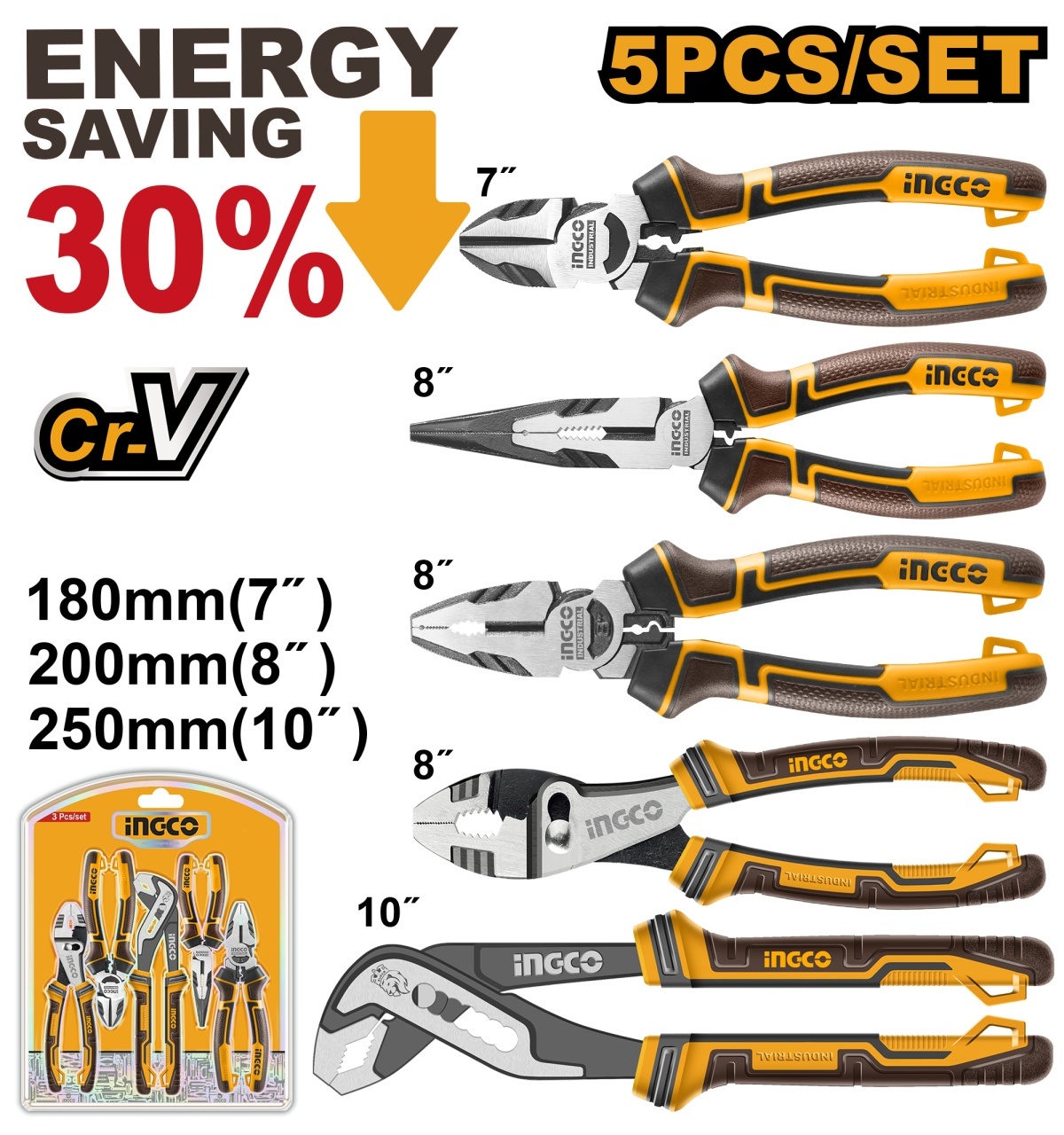 Set Patenti Profesional 5 buc INGCO HKPS28588, otel Cr-V, maner TPR cauciucat, efect parghie mare, multifunctional, finisaj negr