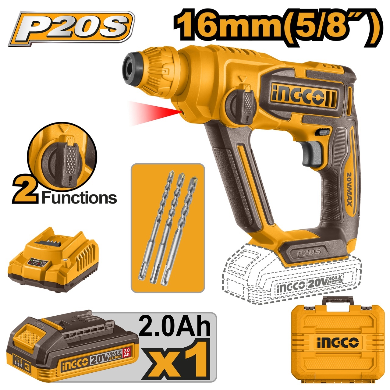 Ciocan Rotopercutor 20V INGCO CRHLI201681E, SDS Plus, 1.5J, 0-850 rpm, 0-5100 bpm, capacitate gaurire beton 16 mm, 1 acumulator 