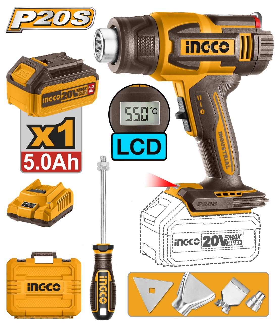 Pistol de Aer Cald 20V 30-550°C cu Afisaj LCD Debit 100-200L/min Acumulator 5.0Ah HGLI20035 – suflanta aer cald profesionala reg