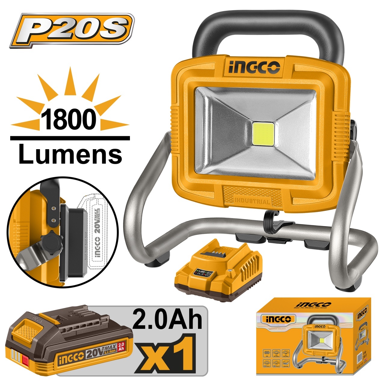 Proiector LED 20V 20W 1800 Lumeni cu Acumulator 2.0Ah si Incarcator CWLI20258 – lampa de lucru profesionala cu 2 moduri iluminar