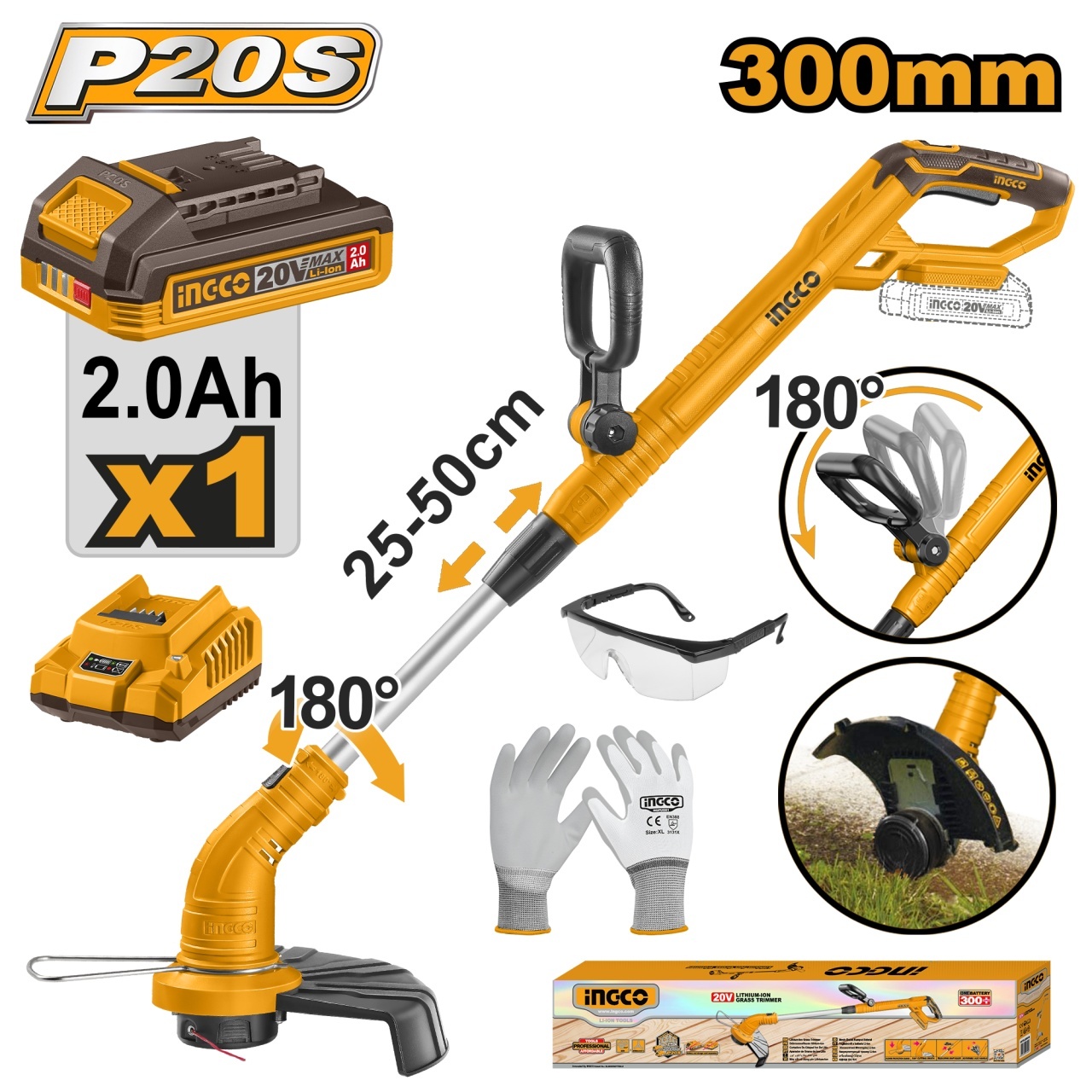 Motocoasa Electrica 20V CGTLI20301E – 8200 rpm, Diametru Taiere 300mm, Fir 1.6mm, Functie Edging, Acumulator 2.0Ah + Incarcator 