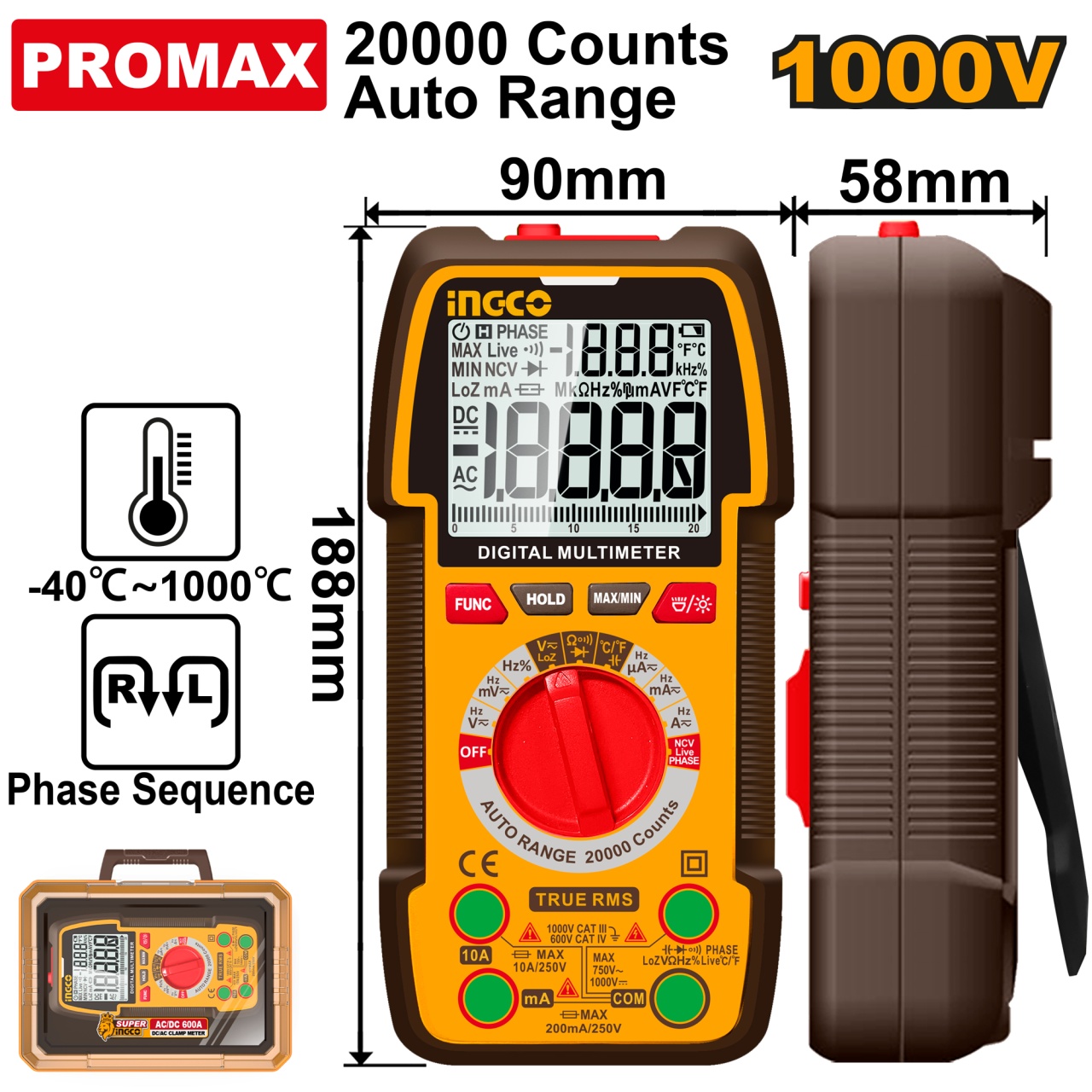 Multimetru Digital Profesional DM410003 – TRU RMS 20000 Puncte, 1000V DC / 750V AC, 10A, Auto Range, Masurare Temperatura -40°C~