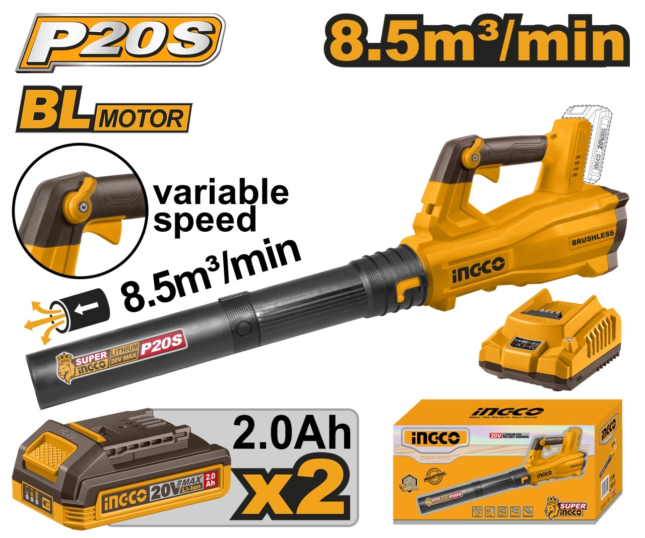 Suflanta Frunze 20V CABLI20428E – Motor Brushless, 0-18500 rpm, 144 km/h, 2 Acumulatori 2.0Ah, Turatie Reglabila