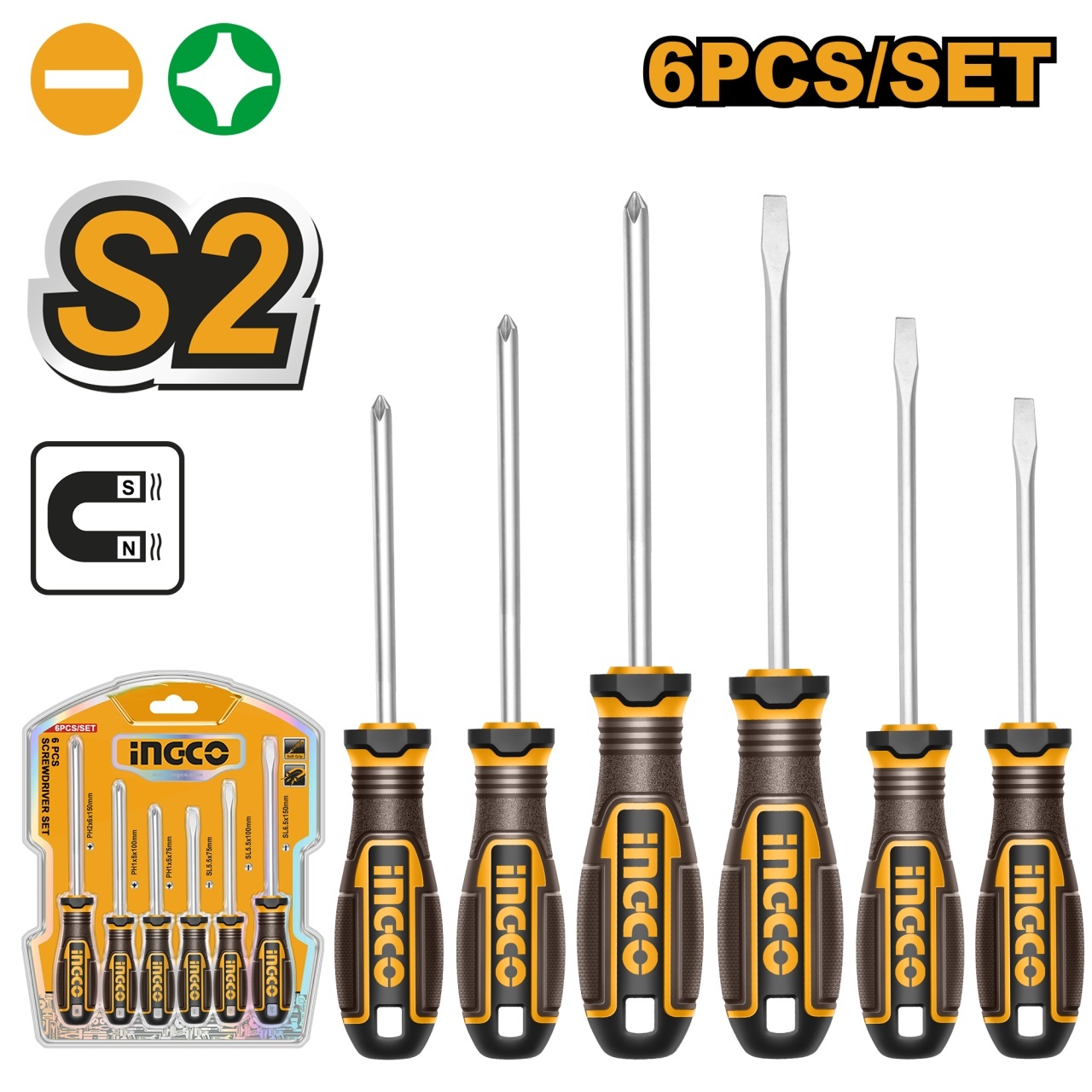 Surubelnite Set 6 buc Industrial HKSDS0628 – Otel S2, Varf Magnetic, SL/PH, 75–150 mm, Maner Ergonomic