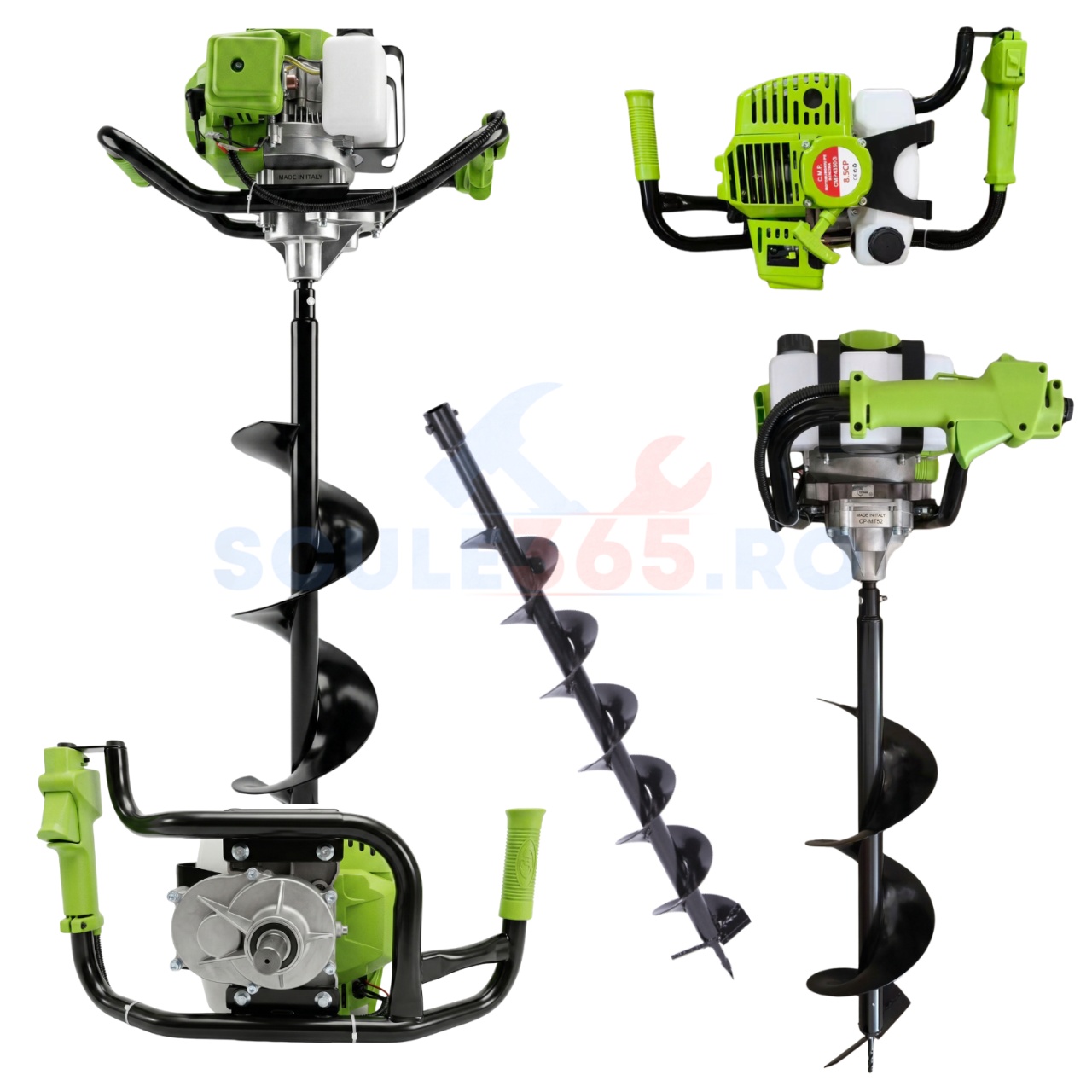 8.5CP + burghiu 150mm* Motoburghiu pe benzina Campion, 8.5CP, motor 2 timpi 58cc, 9200rpm, burghie 100-300mm, adancime 800mm, re